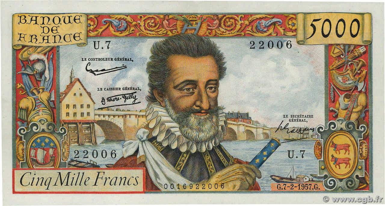 5000 Francs HENRI IV FRANCE  1957 F.49.01 XF