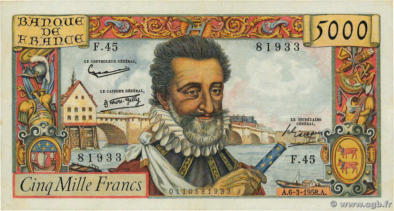 5000 Francs HENRI IV FRANKREICH  1958 F.49.06 SS