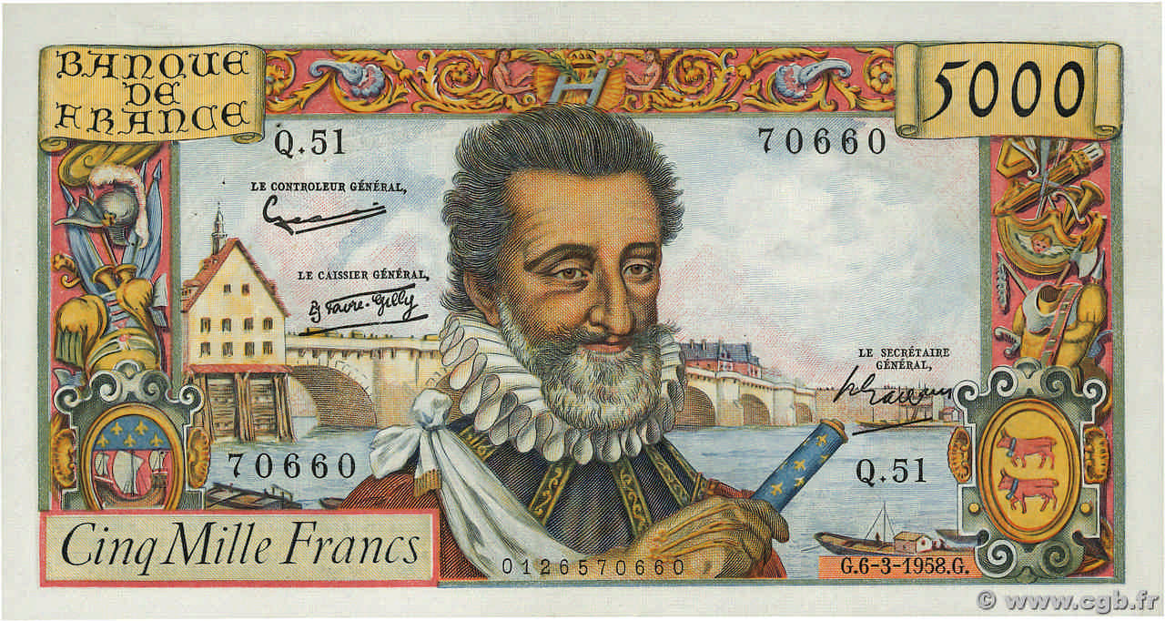 5000 Francs HENRI IV FRANCE  1958 F.49.06 XF