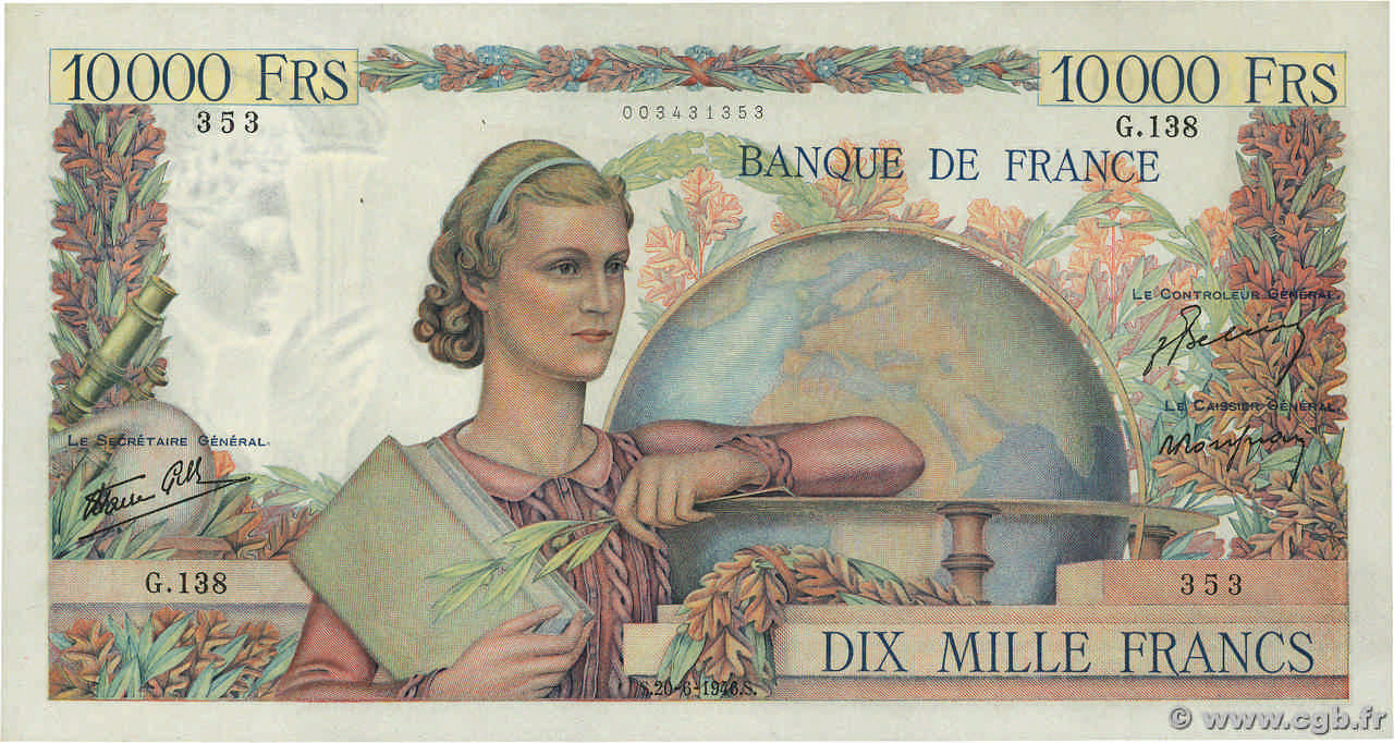 10000 Francs GÉNIE FRANÇAIS FRANCIA  1946 F.50.06 EBC