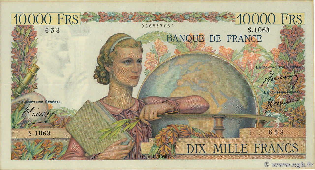 10000 Francs GÉNIE FRANÇAIS FRANKREICH  1950 F.50.45 fVZ