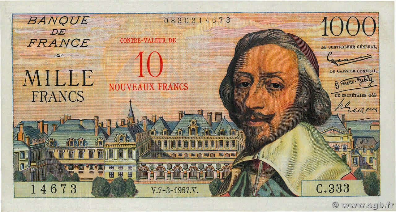 10 NF sur 1000 Francs RICHELIEU FRANCE  1957 F.53.01 SPL