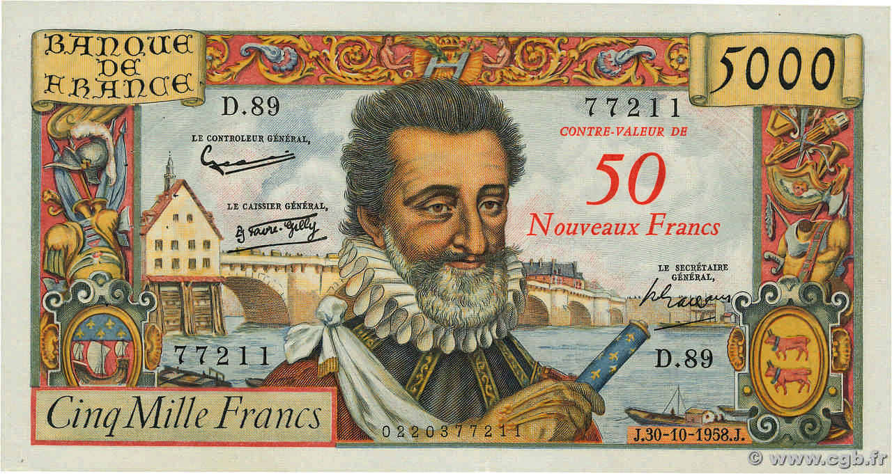 50 NF sur 5000 Francs HENRI IV FRANCIA  1958 F.54.01 q.SPL