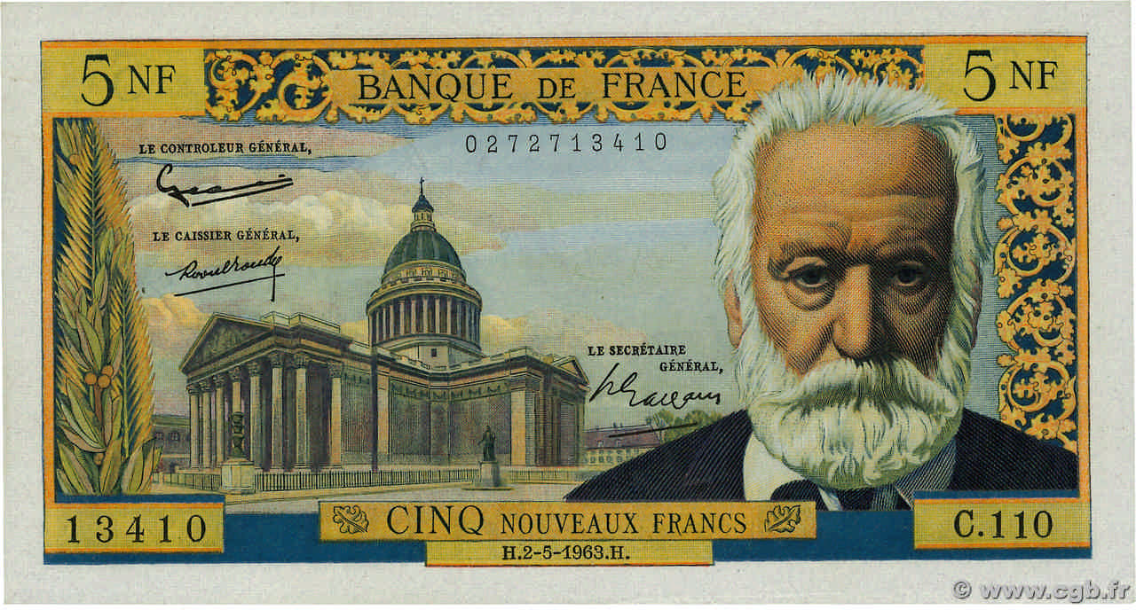 5 Nouveaux Francs VICTOR HUGO FRANCE  1963 F.56.14 AU+