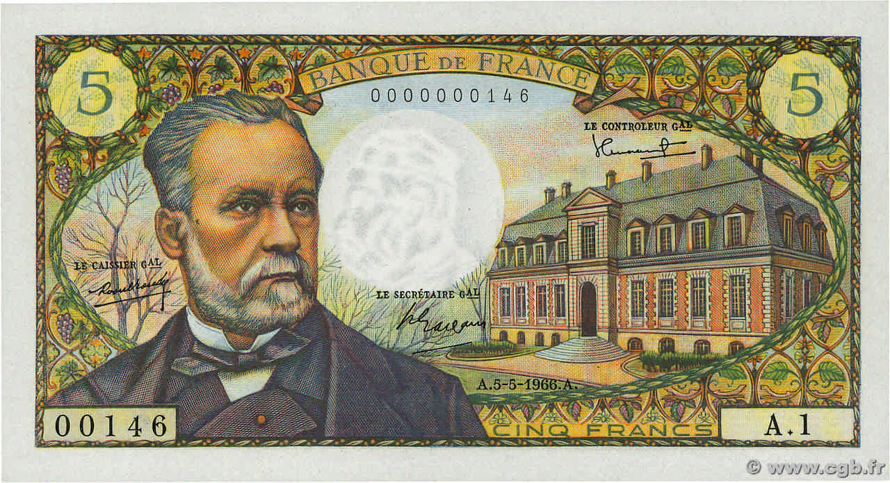 5 Francs PASTEUR Petit numéro FRANCE  1966 F.61.01A1 pr.NEUF