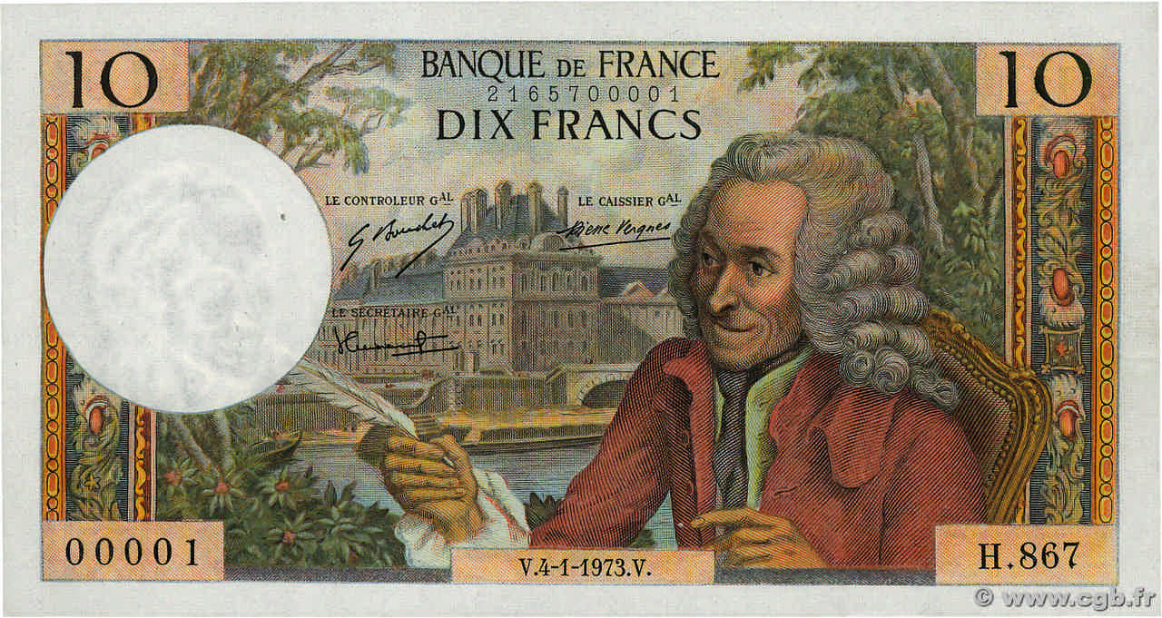 10 Francs VOLTAIRE Numéro spécial FRANKREICH  1973 F.62.60 ST