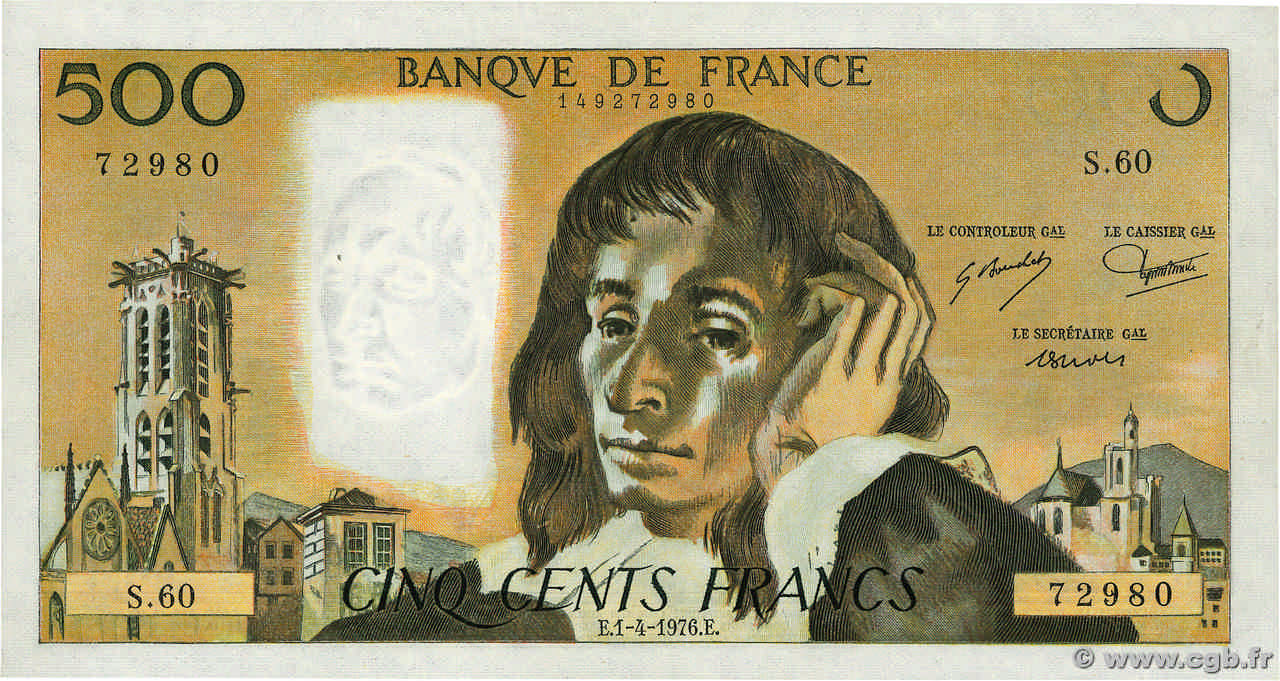 500 Francs PASCAL Fauté FRANCE  1976 F.71.14 XF+