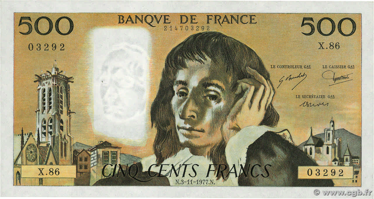 500 Francs PASCAL FRANCE  1977 F.71.17 pr.NEUF