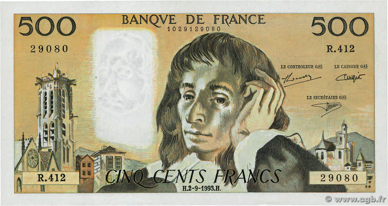 500 Francs PASCAL FRANCE  1993 F.71.52-412 AU-