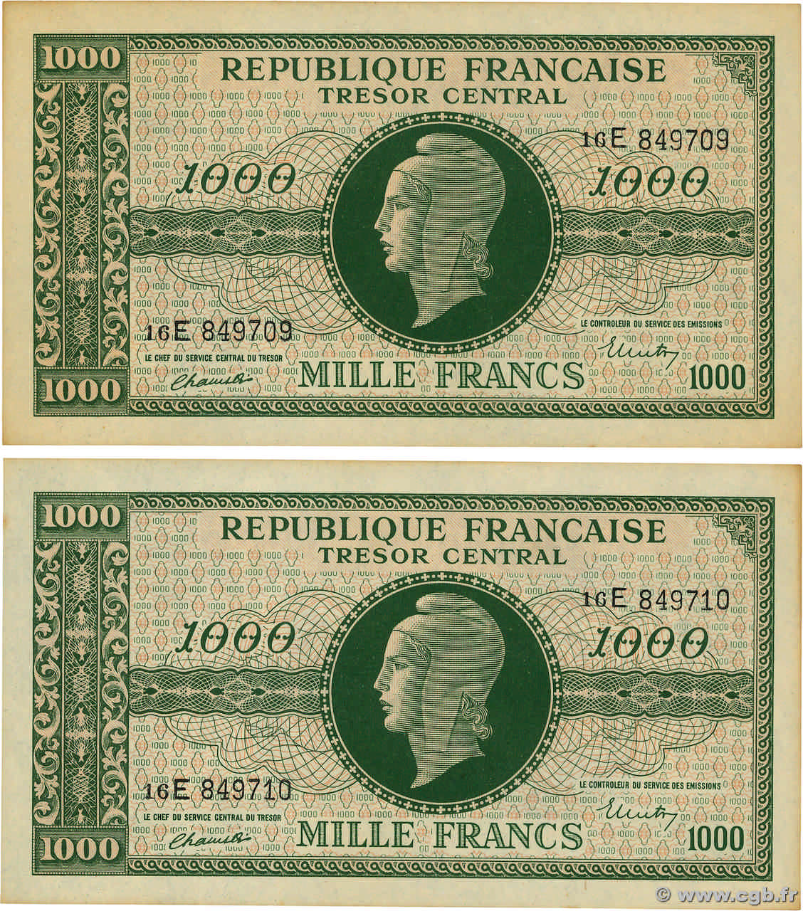 1000 Francs MARIANNE THOMAS DE LA RUE Consécutifs FRANCE  1945 VF.13.02 pr.NEUF