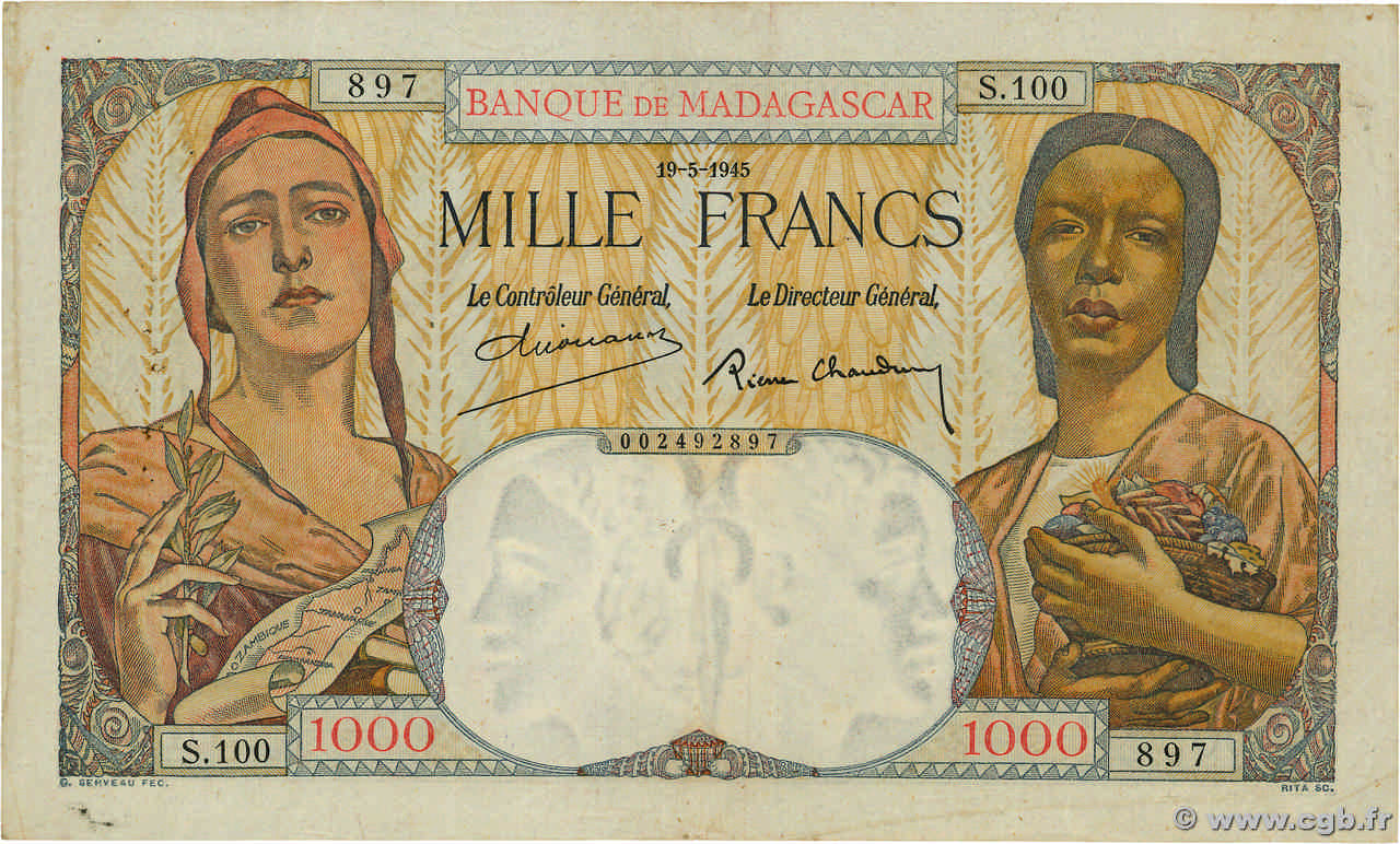 1000 Francs MADAGASCAR  1945 P.041 TB