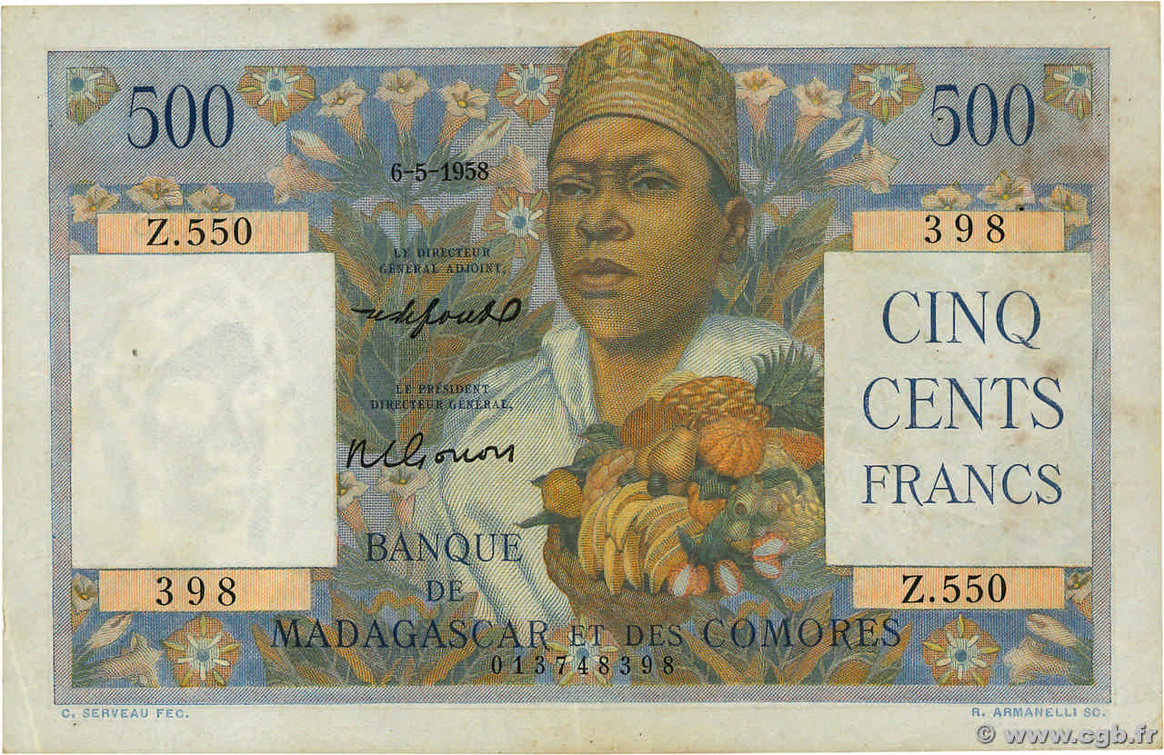 500 Francs MADAGASCAR  1958 P.047b XF-