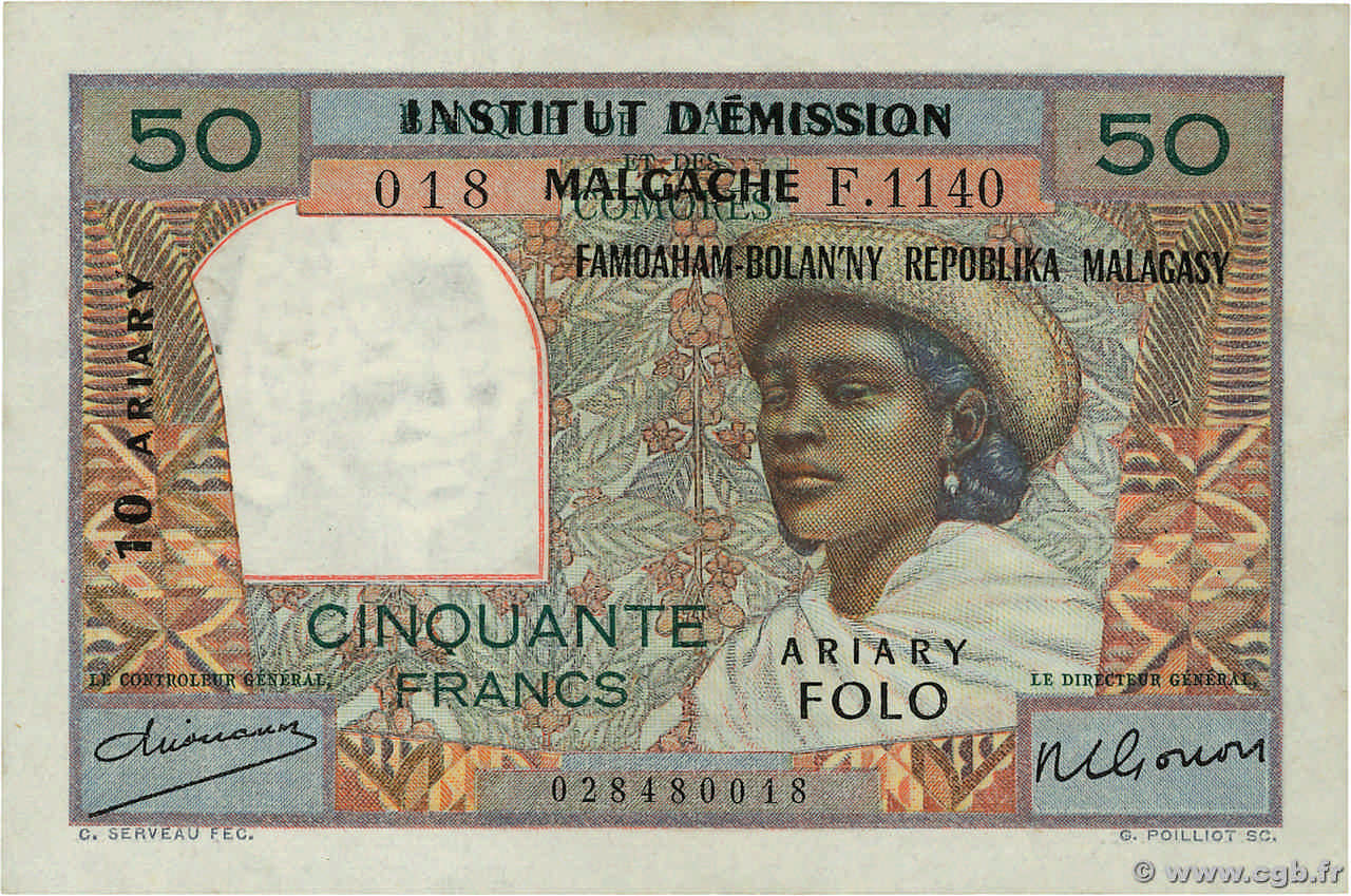 50 Francs - 10 Ariary MADAGASCAR  1961 P.051a VF