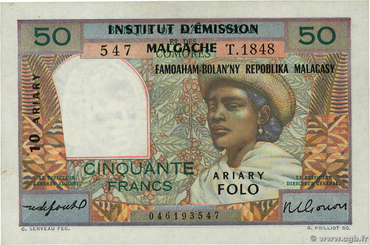 50 Francs - 10 Ariary MADAGASCAR  1961 P.051b SPL