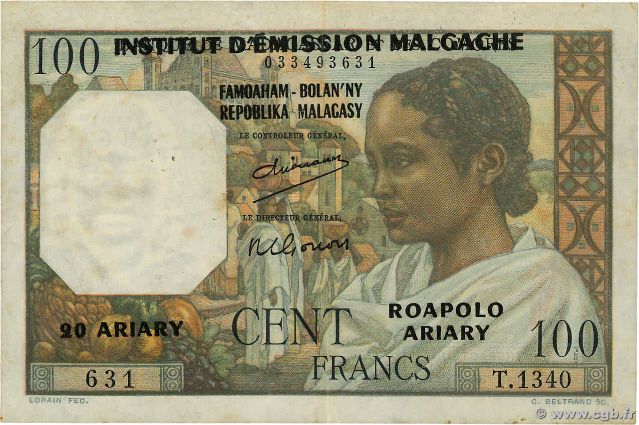 100 Francs - 20 Ariary MADAGASCAR  1961 P.052 F+