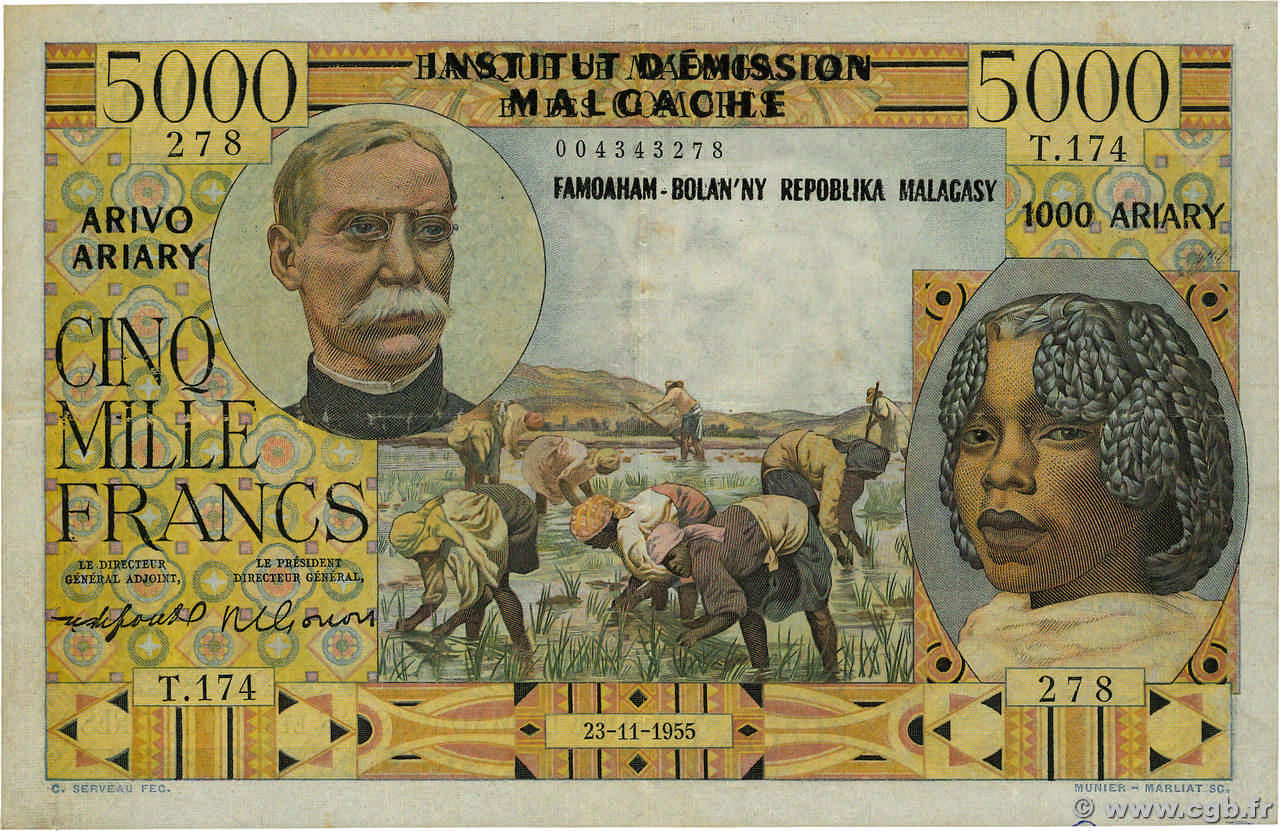 5000 Francs - 1000 Ariary MADAGASCAR  1955 P.055 TTB