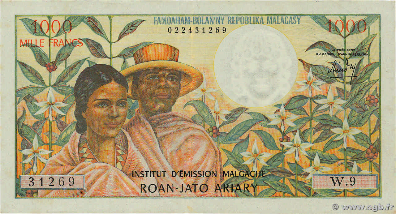 1000 Francs - 200 Ariary MADAGASCAR  1966 P.059a MBC+