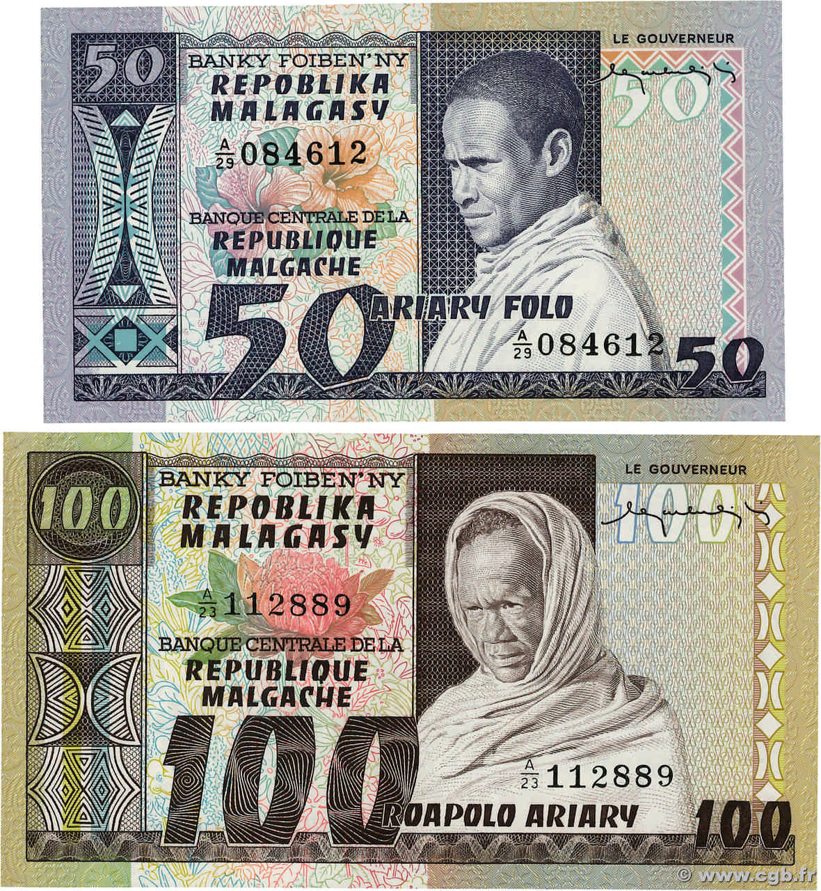 50 Francs - 10 Ariary et 100 Francs - 20 Ariary Lot MADAGASCAR  1974 P.062a et P.063a UNC