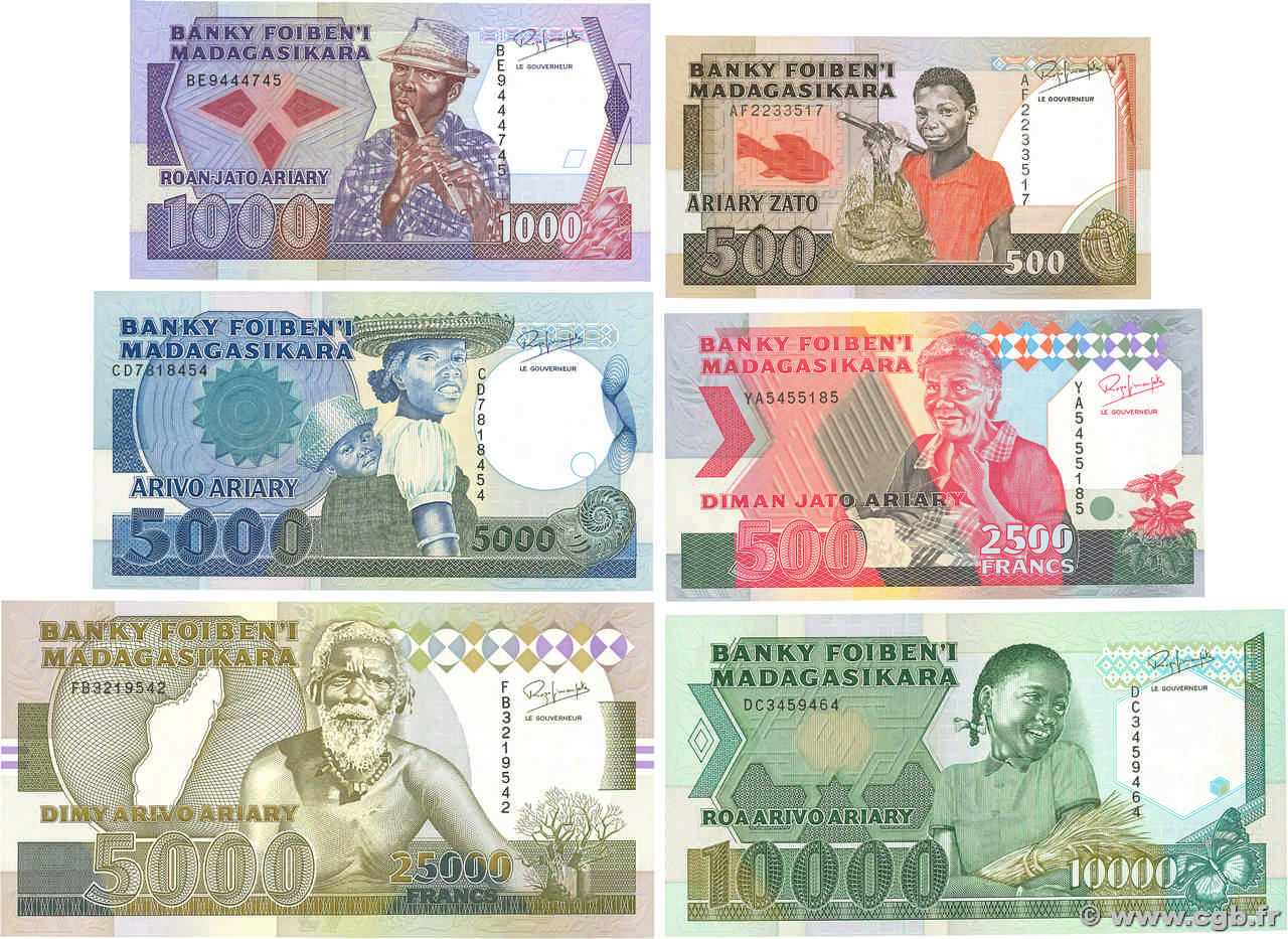 500 Francs - 100 Ariary au 25000 Francs - 5000 Ariary Lot MADAGASCAR  1988 P.071 au P.074A q.FDC