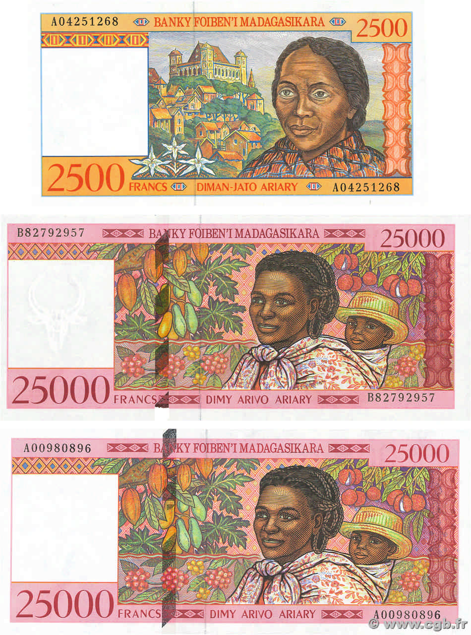 2500 Francs - 500 Ariary et 25000 Francs - 5000 Ariary Lot MADAGASCAR  1998 P.081 et P.082 SC+
