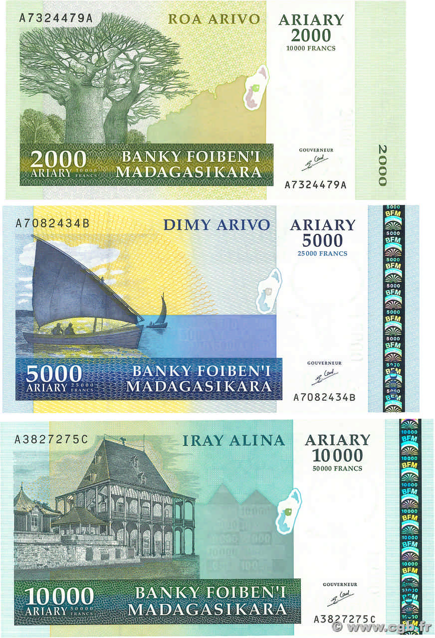 2000 au 10000 Ariary  Lot MADAGASCAR  2003 P.083, P.084 et P.085 NEUF