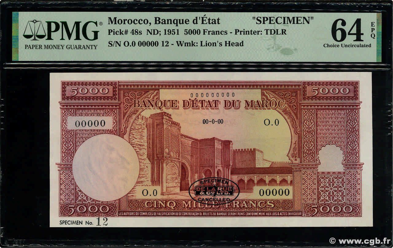 5000 Francs Spécimen MAROC  1951 P.48s pr.NEUF