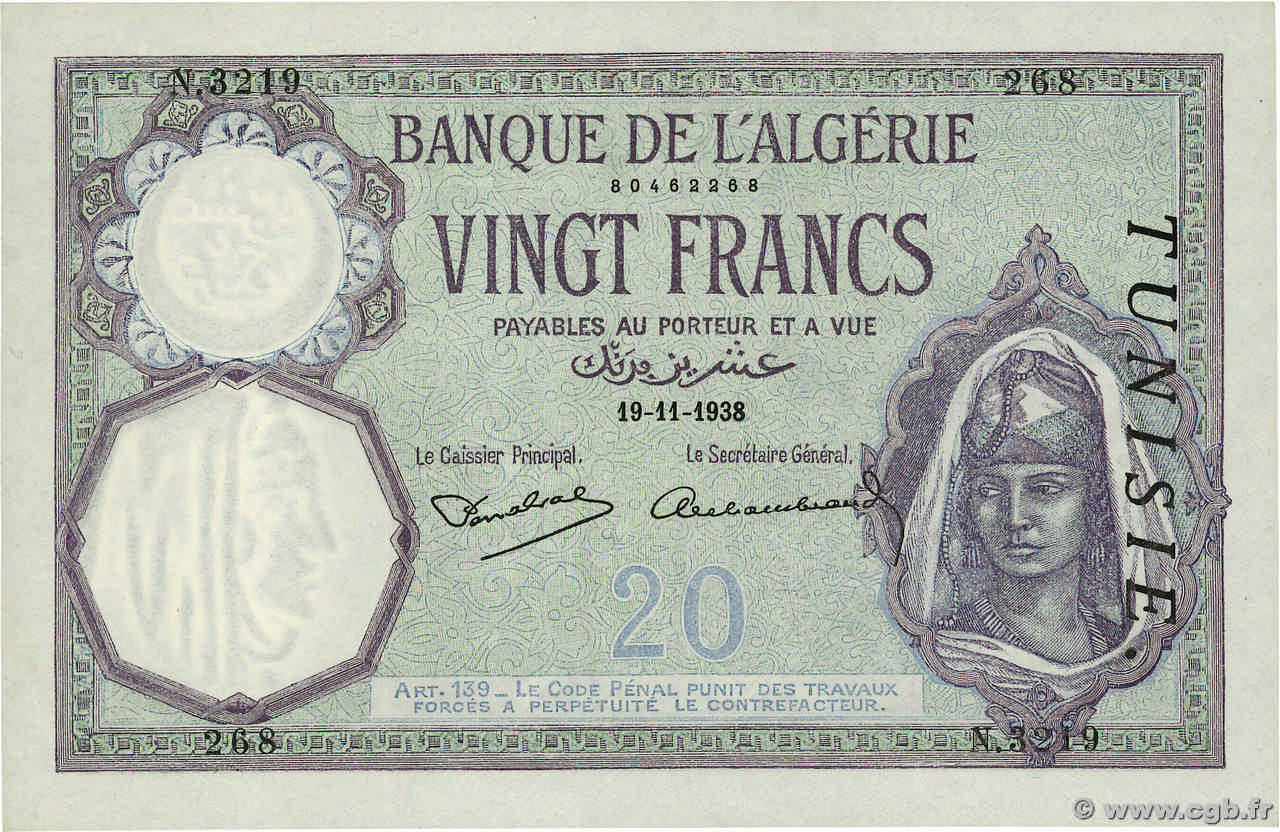 20 Francs TUNESIEN  1938 P.06b fST