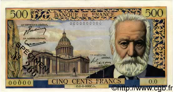 500 Francs VICTOR HUGO FRANCE  1954 F.35.01Spn UNC-
