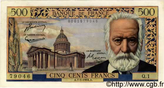 500 Francs VICTOR HUGO FRANCE  1954 F.35.01 AU