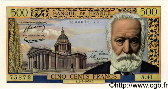 500 Francs VICTOR HUGO FRANCE  1954 F.35.03 pr.NEUF