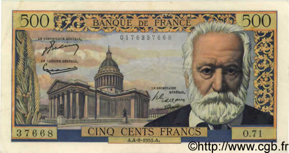 500 Francs VICTOR HUGO FRANCIA  1955 F.35.05 MBC+