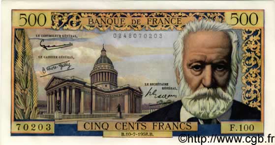500 Francs VICTOR HUGO FRANCE  1958 F.35.09 UNC-