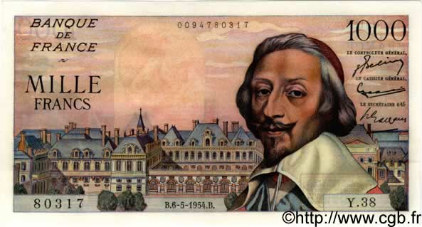 1000 Francs RICHELIEU FRANKREICH  1954 F.42.05 fST+