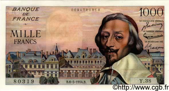 1000 Francs RICHELIEU FRANCE  1954 F.42.05 pr.NEUF