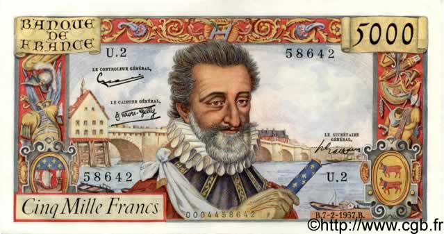 5000 Francs HENRI IV FRANCE  1957 F.49.01 AU-
