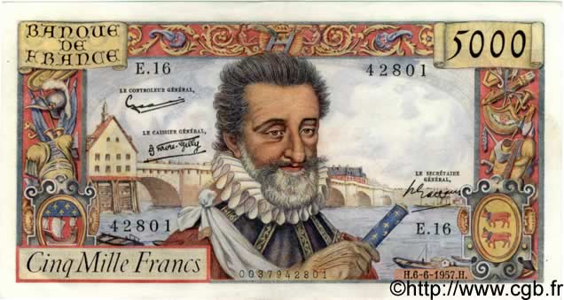 5000 Francs HENRI IV FRANCE  1957 F.49.02 XF+