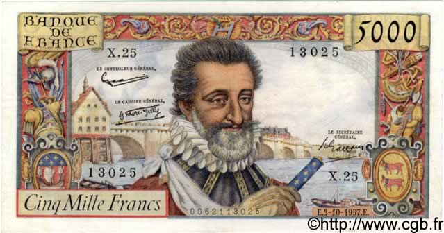 5000 Francs HENRI IV FRANCE  1957 F.49.03 XF+
