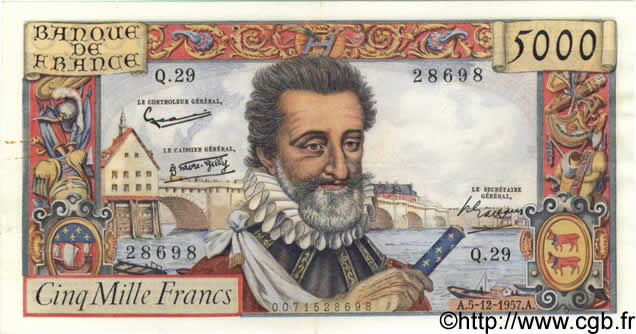 5000 Francs HENRI IV FRANKREICH  1957 F.49.04 fVZ
