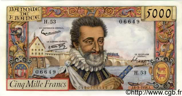 5000 Francs HENRI IV FRANKREICH  1958 F.49.06 fST