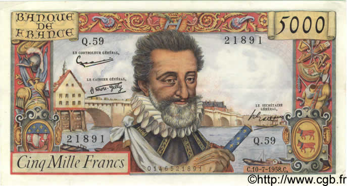 5000 Francs HENRI IV FRANCE  1958 F.49.07 XF
