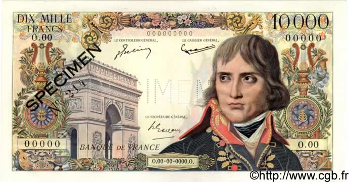 10000 Francs BONAPARTE FRANCE  1955 F.51.01Spn UNC-