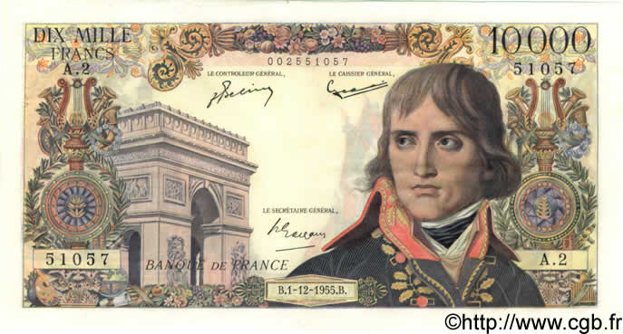 10000 Francs BONAPARTE FRANCIA  1955 F.51.01 MBC+ a EBC