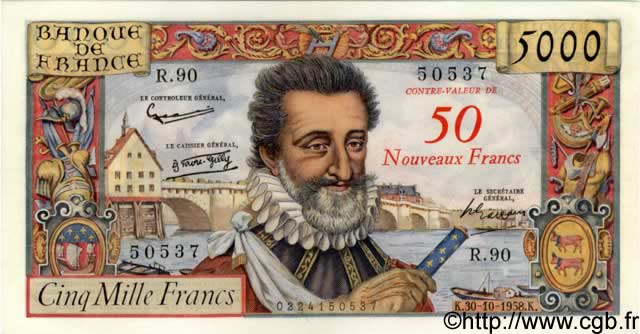 50 NF sur 5000 Francs HENRI IV FRANKREICH  1958 F.54.01 fST