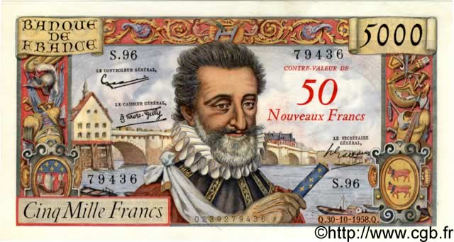 50 NF sur 5000 Francs HENRI IV FRANCE  1958 F.54.01 UNC-