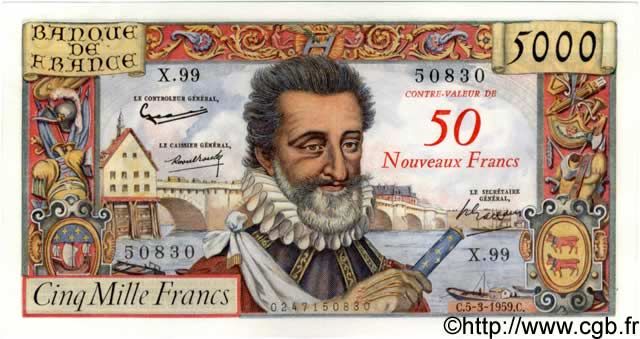 50 NF sur 5000 Francs HENRI IV FRANCIA  1959 F.54.02 EBC