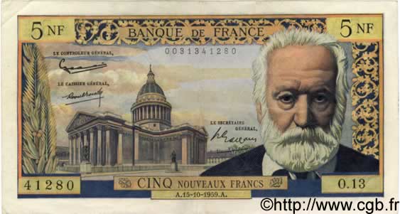 5 Nouveaux Francs VICTOR HUGO FRANCIA  1959 F.56.03 BB