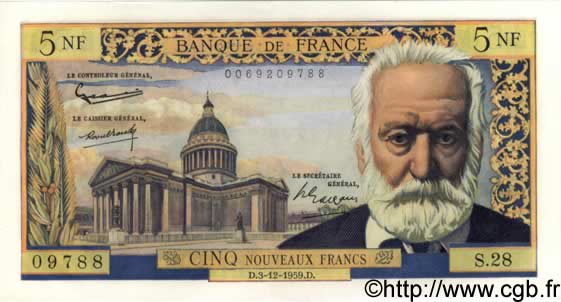 5 Nouveaux Francs VICTOR HUGO FRANCIA  1959 F.56.04 AU+