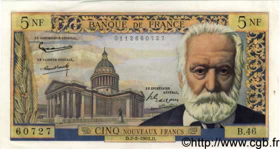 5 Nouveaux Francs VICTOR HUGO FRANCE  1961 F.56.06 XF+