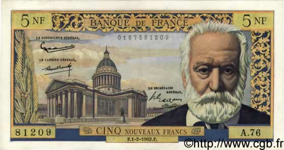 5 Nouveaux Francs VICTOR HUGO FRANCIA  1962 F.56.10 EBC