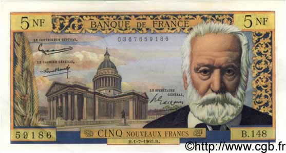 5 Nouveaux Francs VICTOR HUGO FRANCE  1965 F.56.19 AU